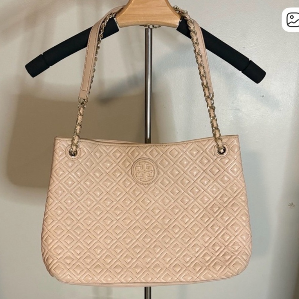 Tory Burch Cream Quilted Lambskin Leather Shoulder Bag